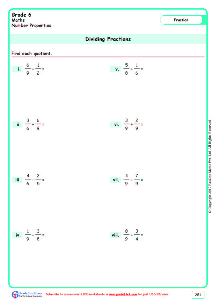 Grade 6 Dividing Fractions Worksheets www grade1to6