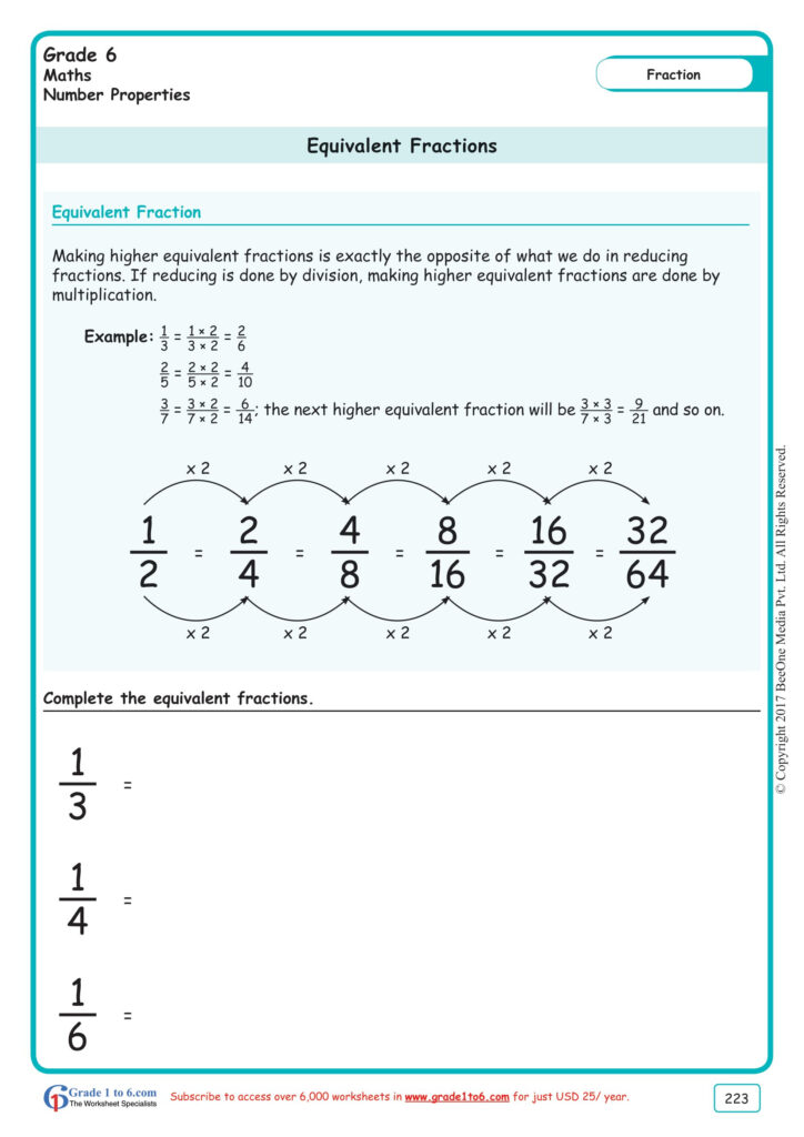 Grade 6 Math Worksheet Fractions Equivalent Fractions Grade 6 6th 