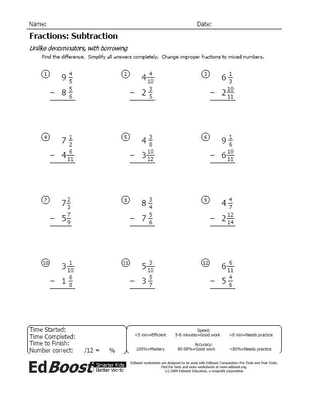 Borrowing Fractions Subtraction Worksheets