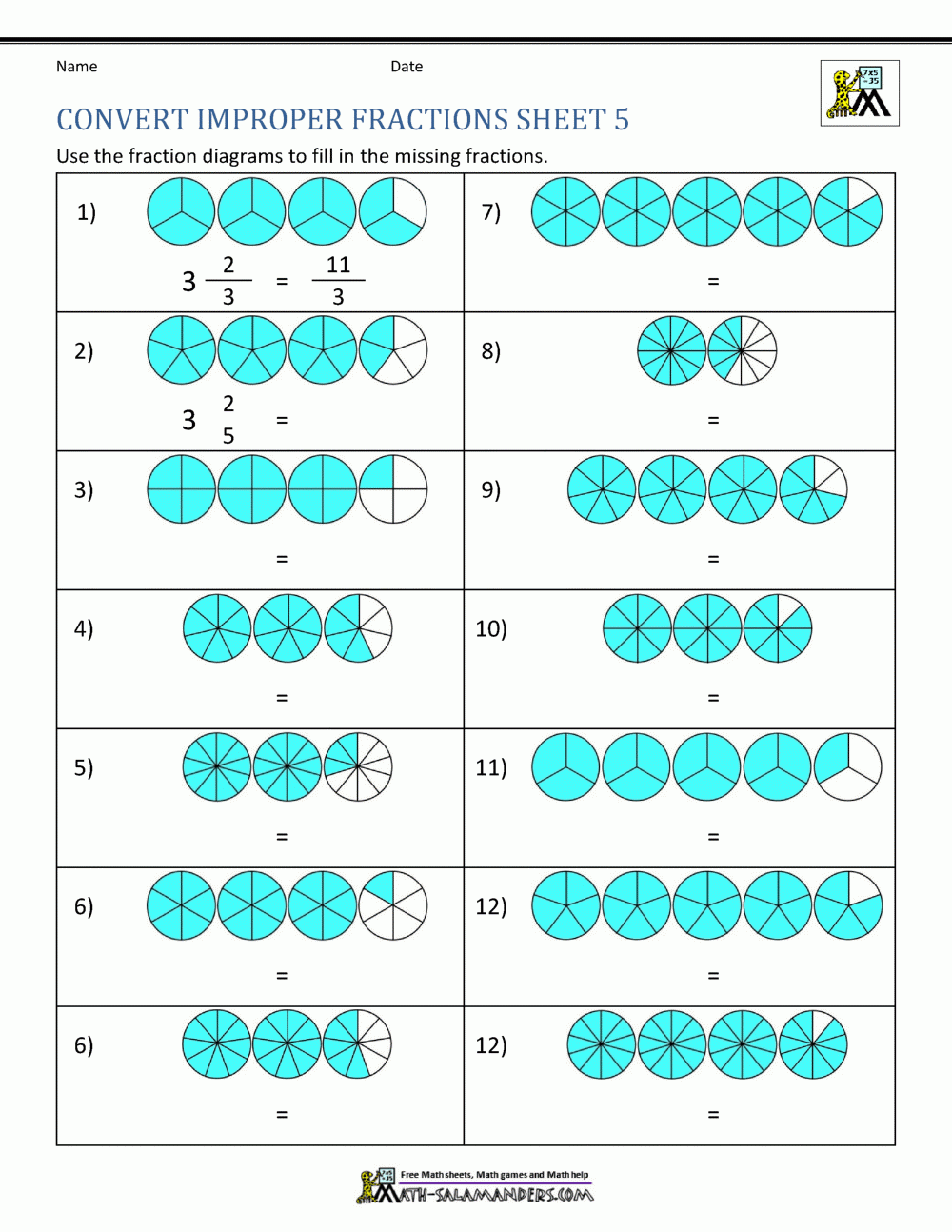 Improper Fraction Worksheets