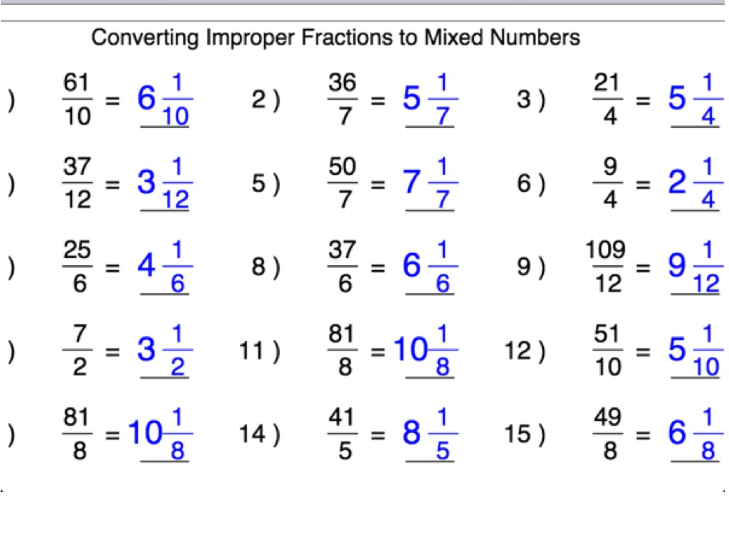 Convert Mixed Fraction To Improper Fraction Worksheet