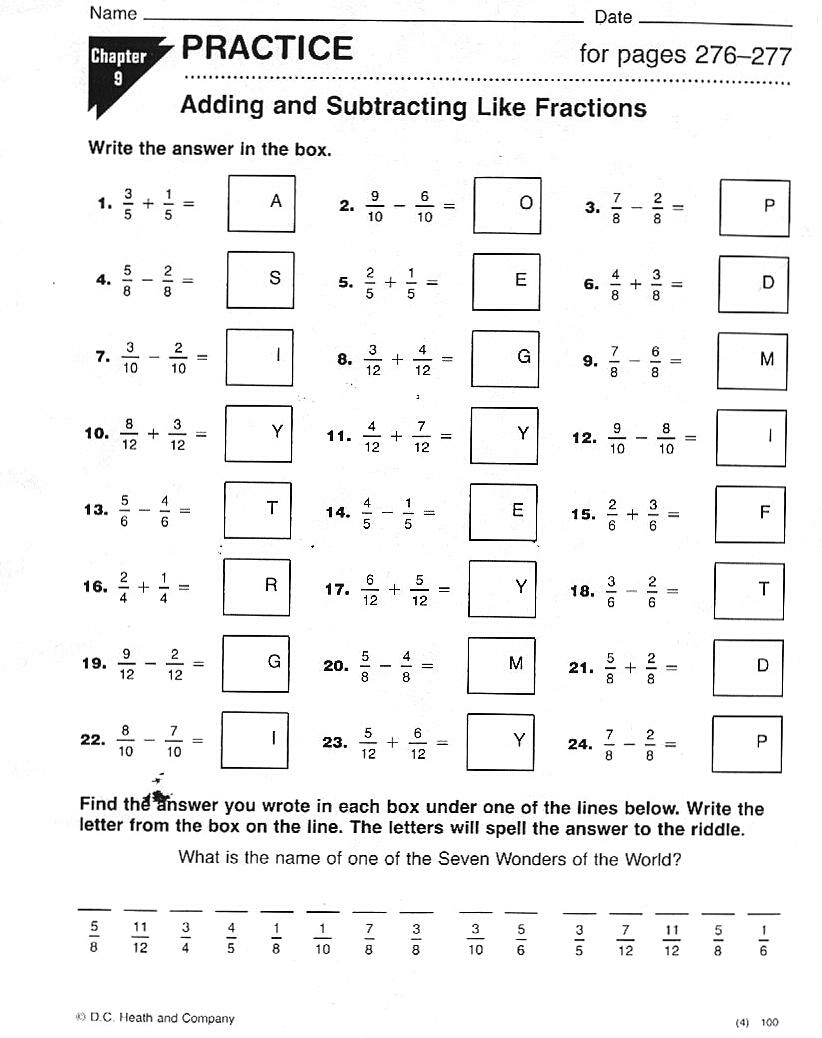 7th Grade Adding And Subtracting Fractions Worksheets