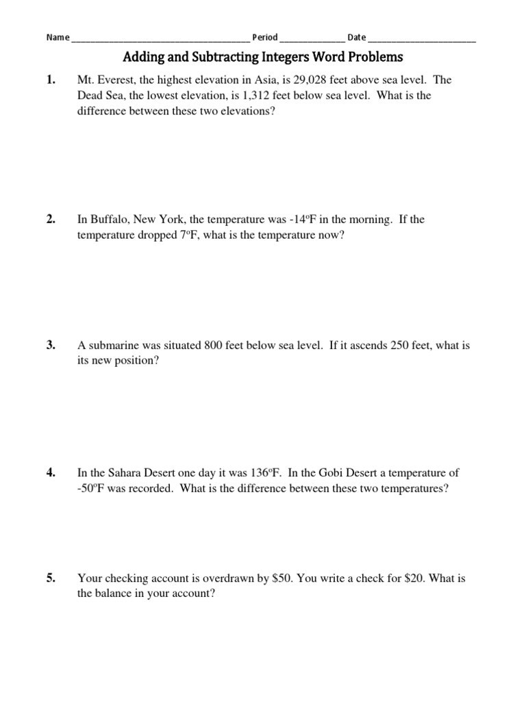 Integer Addition And Subtraction Word Problems Worksheets Worksheet Hero