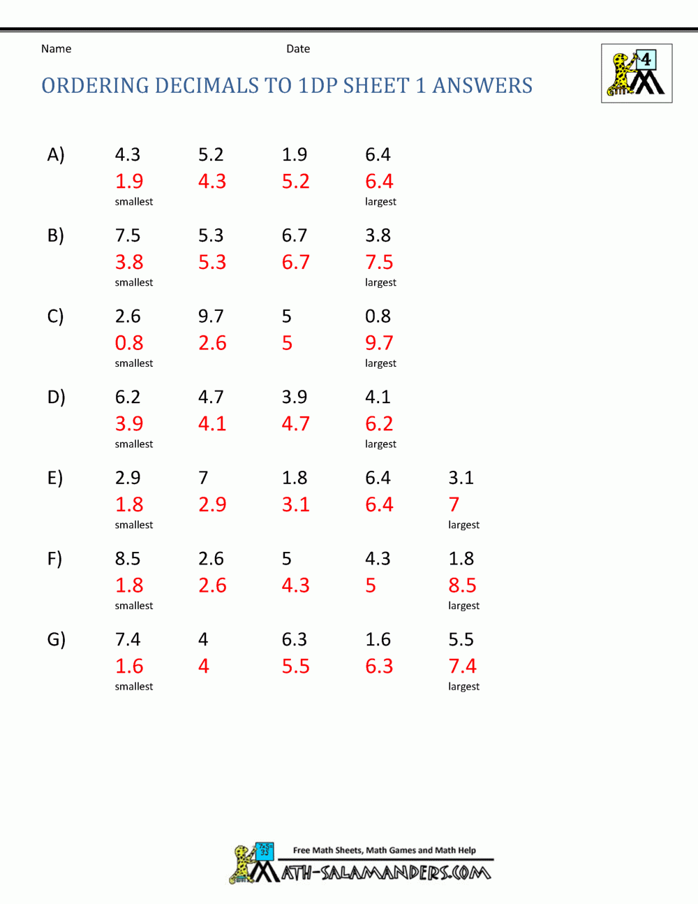 Compare And Order Fractions Decimals And Percents Worksheets