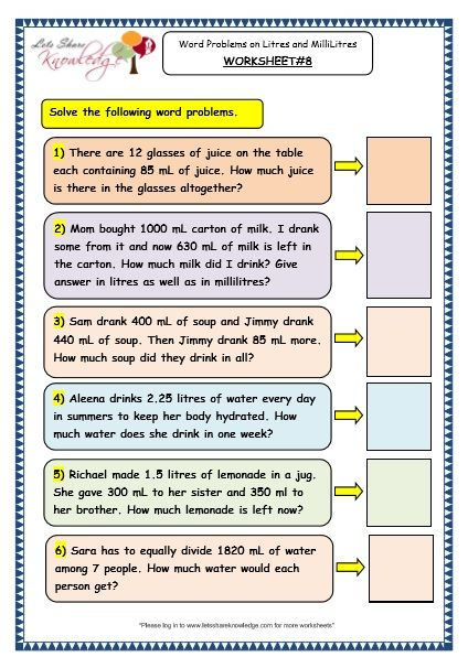 Measurement Of Capacity Word Problems On Litres And Millilitres 