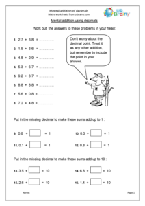 Mental Addition Of Decimals Addition In Year 5 age 9 10 By URBrainy