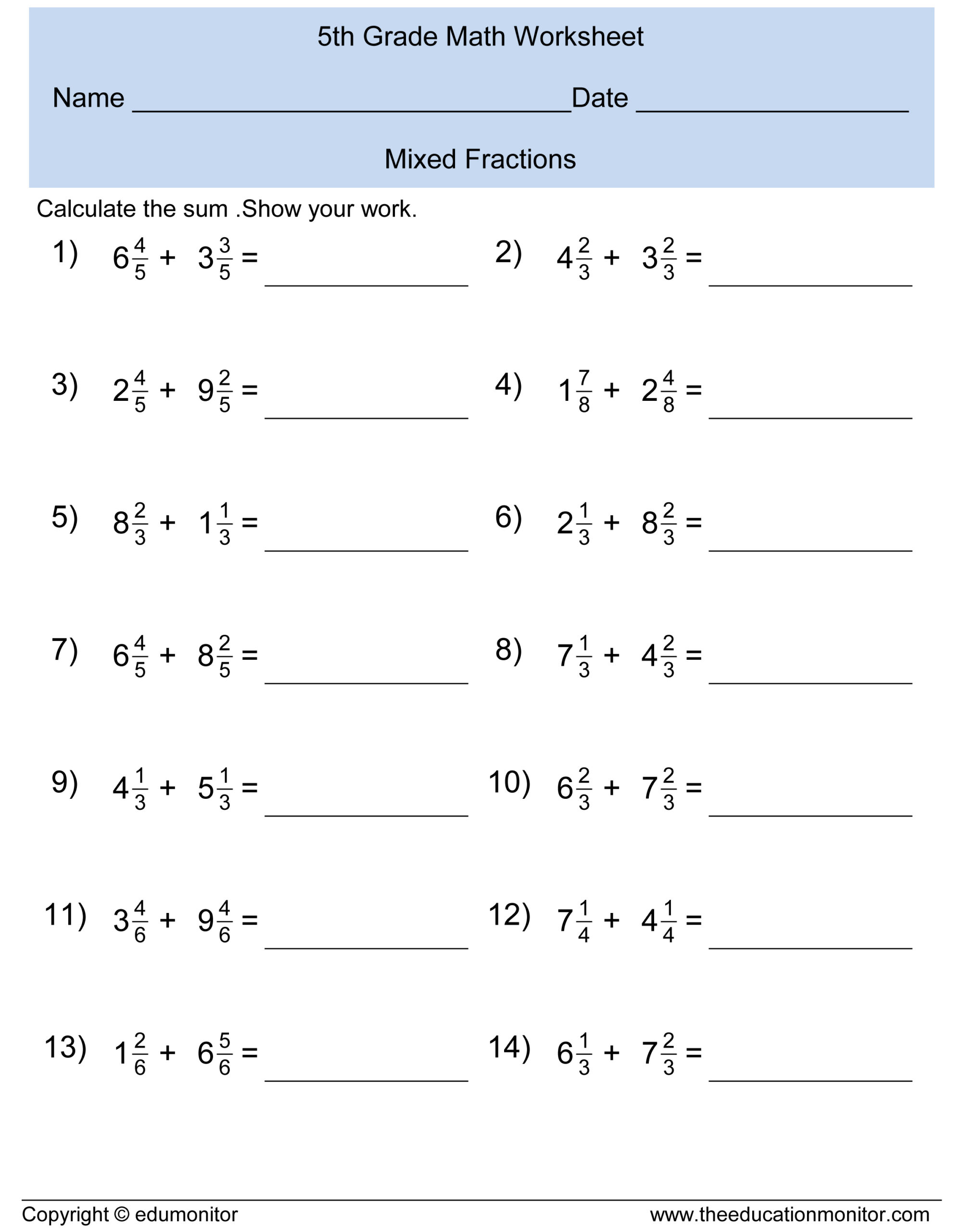 Adding And Subtracting Fractions Mixed Worksheet