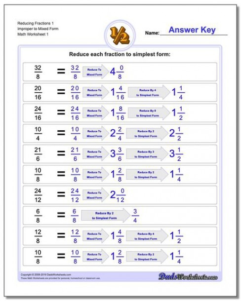 Reducing Mixed Fractions Worksheet