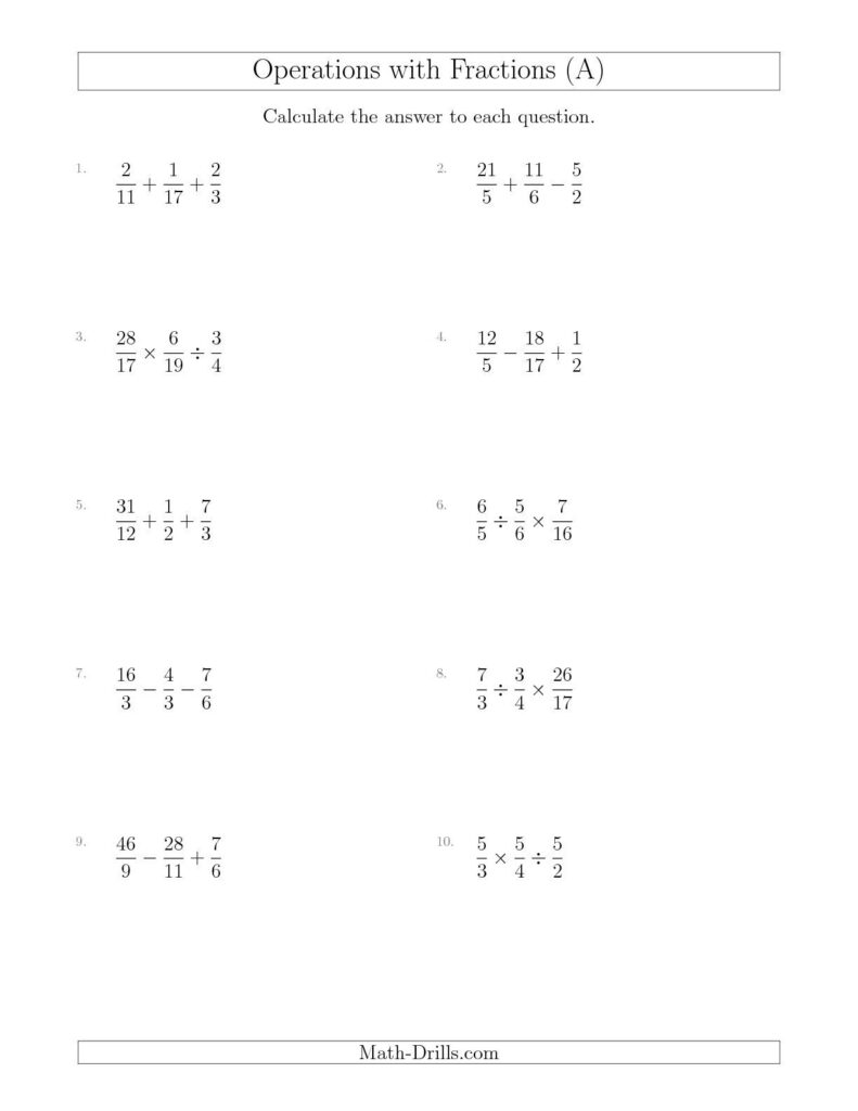 Mixed Operations With Three Fractions Including Improper Fractions A 