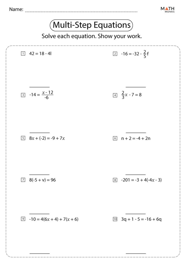 Multi Step Equations Worksheets Math Monks