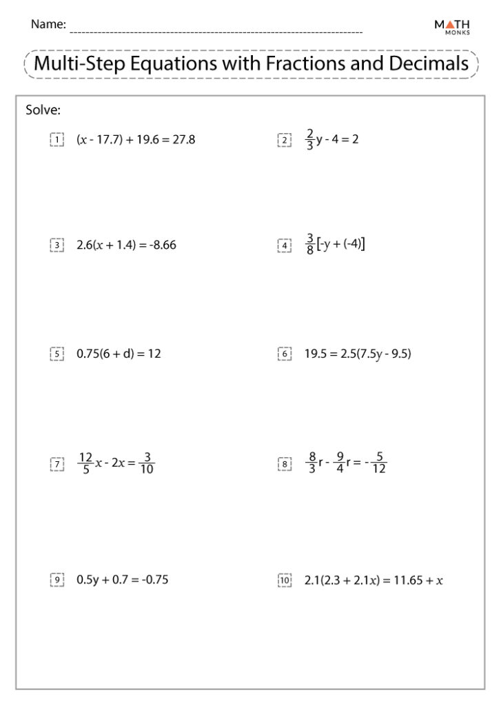 Multi Step Equations Worksheets Math Monks