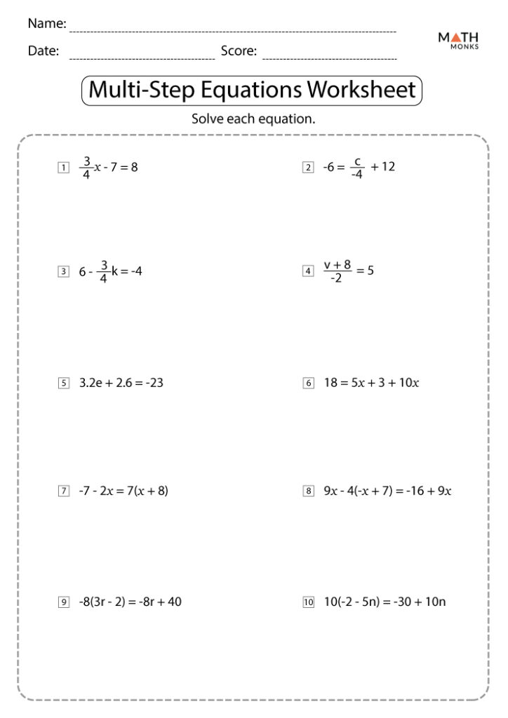 Multi Step Equations Worksheets Math Monks