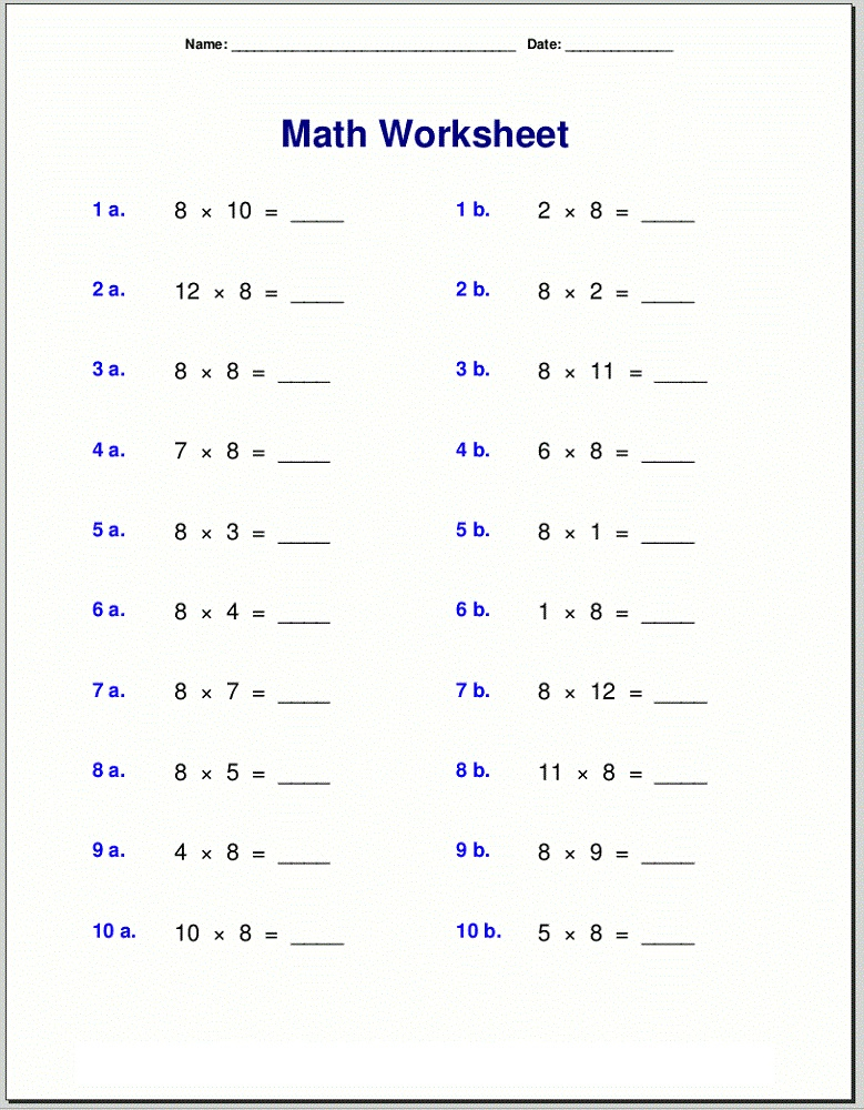 Multiply By 8 Worksheets Activity Shelter