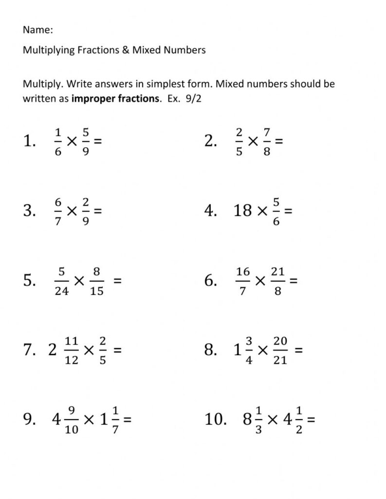 Multiplying Fractions And Mixed Numbers Worksheet