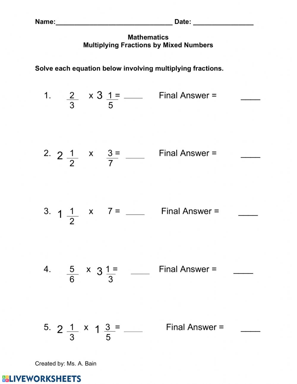 Multiplying A Mixed Number By A Fraction Worksheet