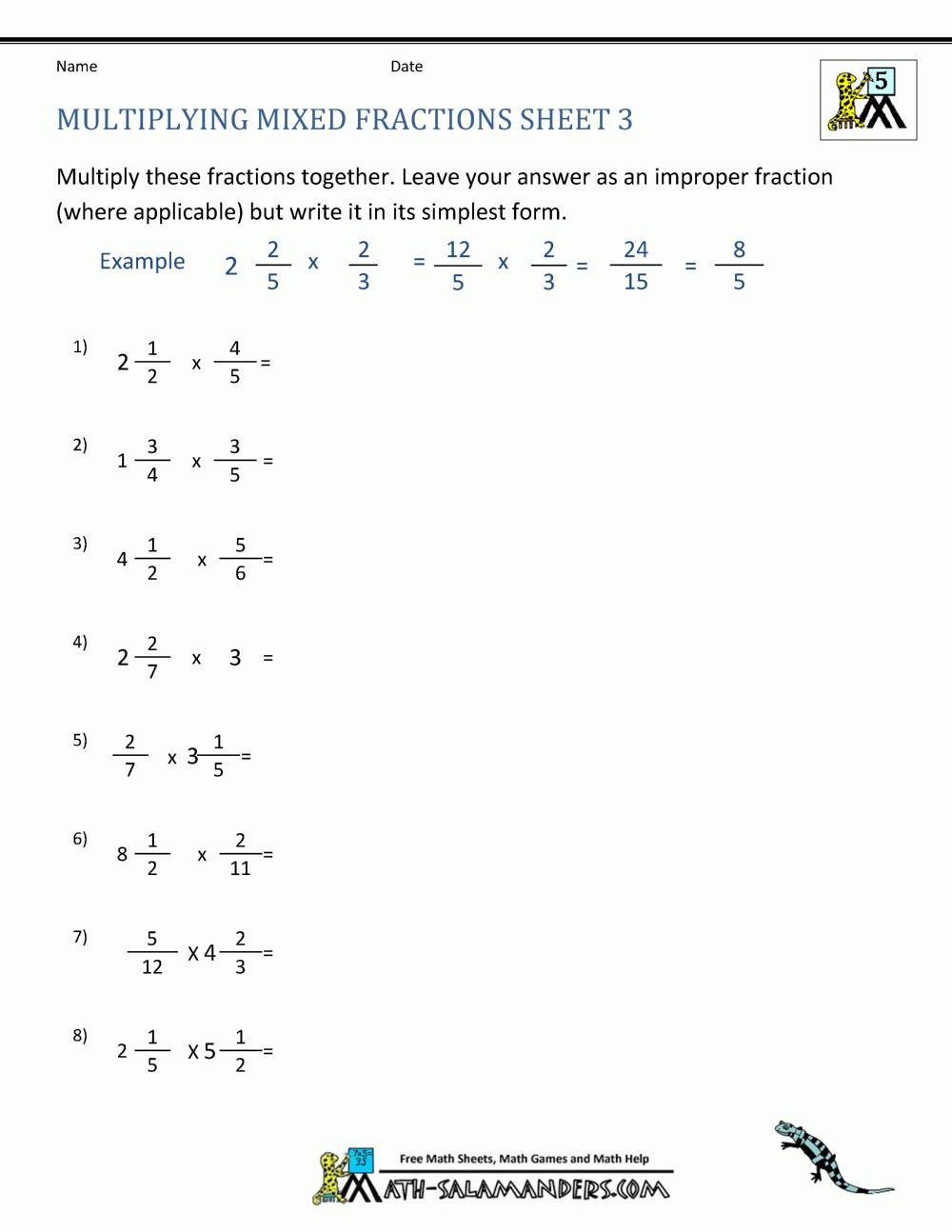 Multiplying Fractions Mixed Numbers Worksheet