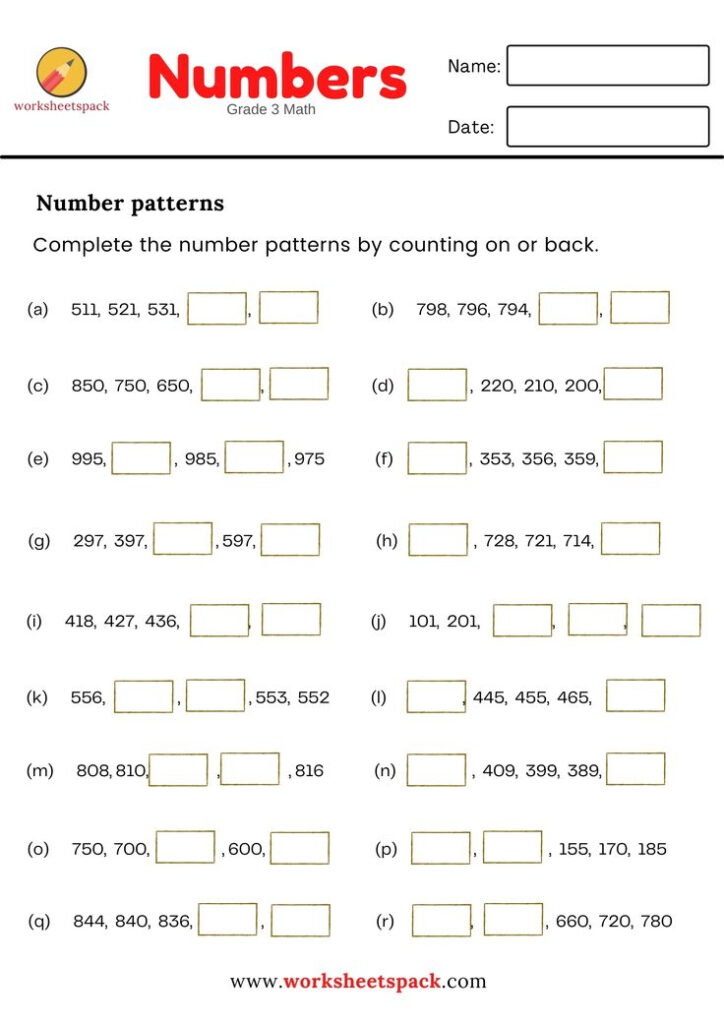 NUMBER PATTERNS WORKSHEET FOR GRADE 3 MATH EASY MATH Number 