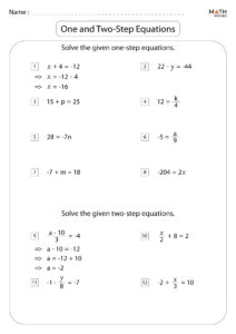 One And Two Step Equations Worksheets Math Monks