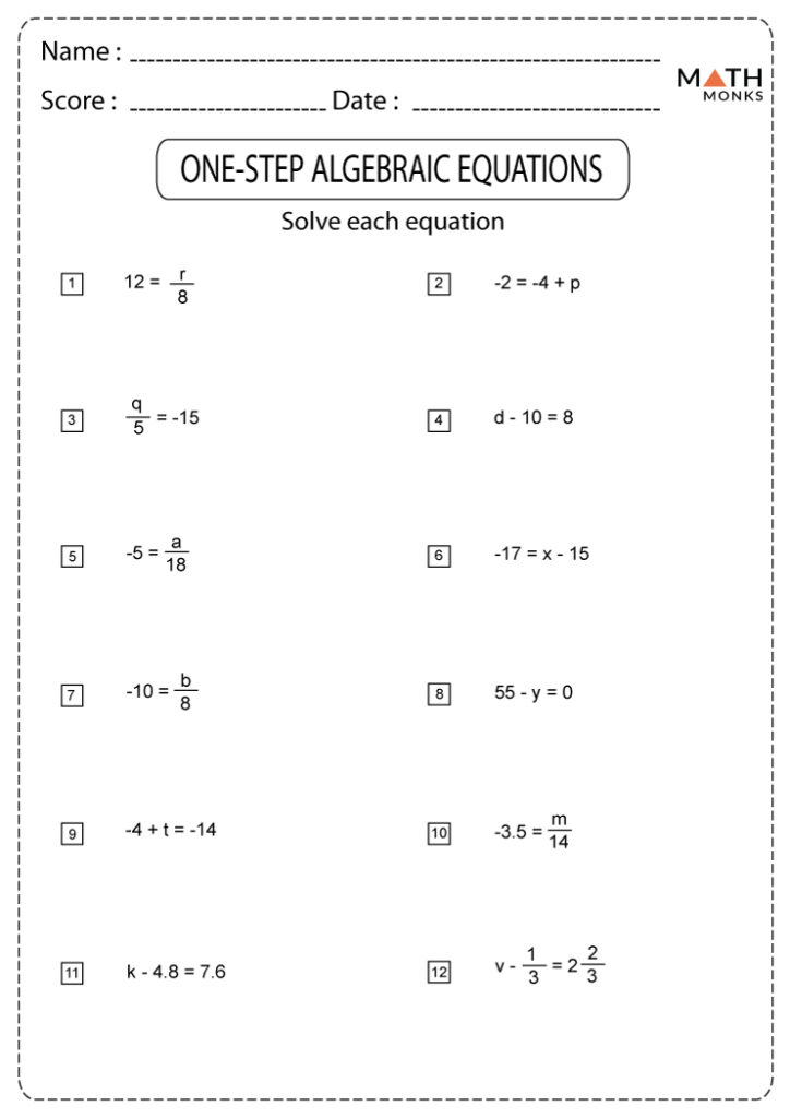 One Step Equations Worksheets Math Monks