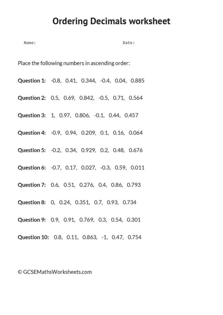 Ordering Decimals Worksheet Integers Worksheet Decimals Worksheets 