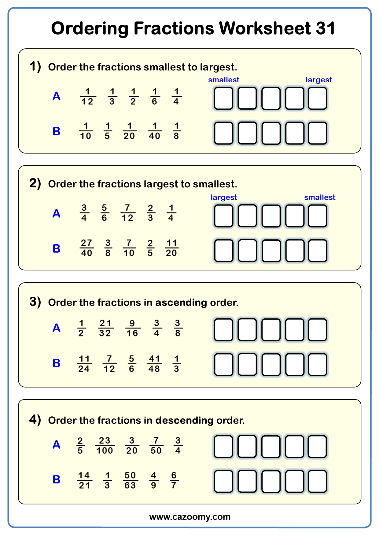 Ordering Fractions Worksheets Practice Questions And Answers Cazoomy