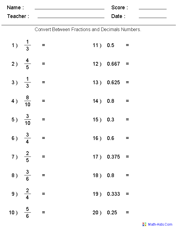 Converting Fractions To Decimals Worksheet 6th Grade With Answers