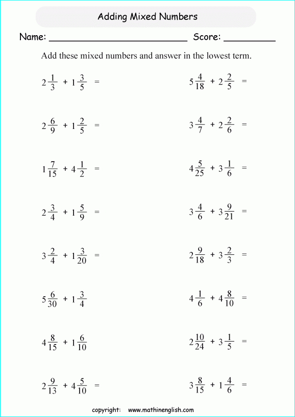 Adding Mixed Fractions With Like Denominators Worksheets