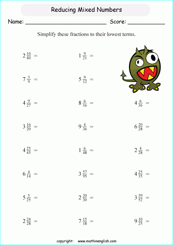 Reducing Mixed Fractions To Lowest Terms Worksheets