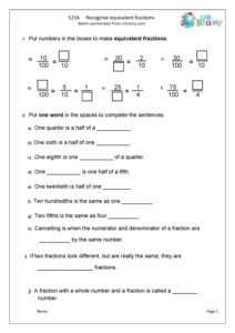 Recognise Equivalent Fractions Fraction And Decimal Worksheets For