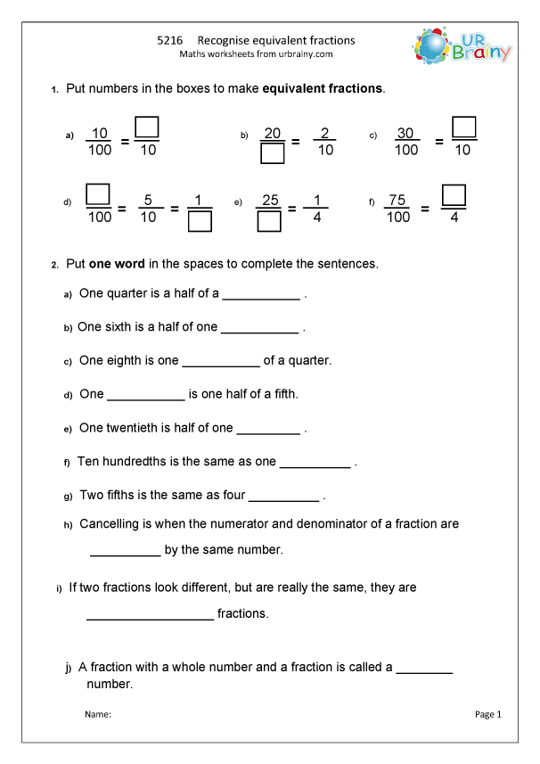 Recognise Equivalent Fractions Fraction And Decimal Worksheets For 