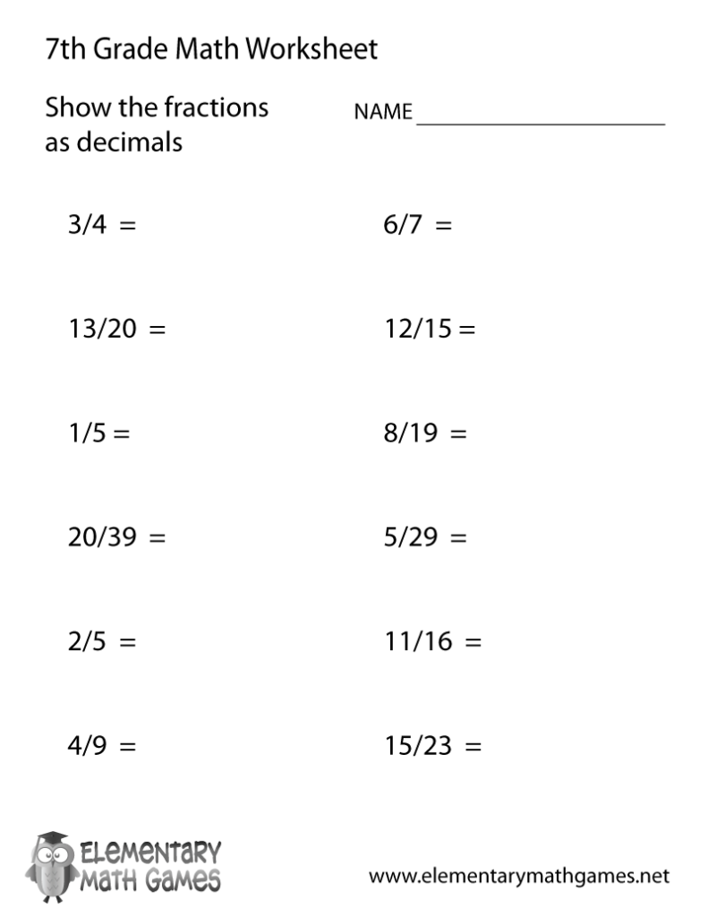 Seventh Grade Fractions And Decimals Worksheet