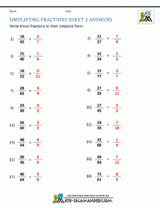 Simplifying Fractions Worksheet