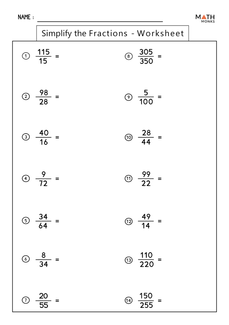 Simplifying Fractions Worksheets Math Monks