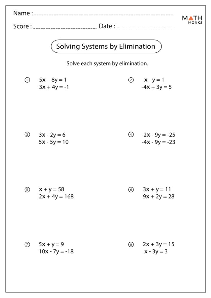 Solving Systems Of Equations By Elimination Worksheets Math Monks