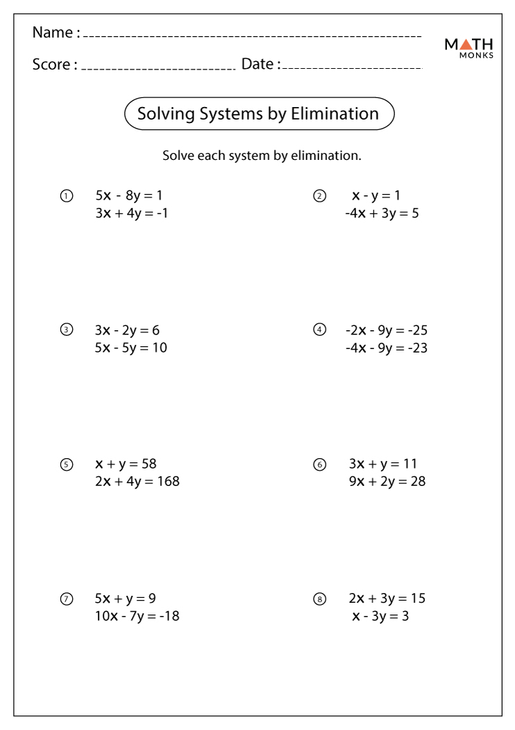 Solving Systems Of Equations By Elimination Worksheets Math Monks