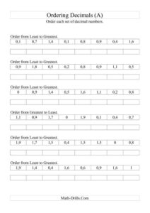 Sorting Ordering Decimals To Tenths A