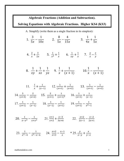 Student In 2 0 Algebraic Fractions Worksheet