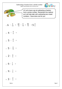 Subtract Fractions From Whole Numbers Fraction And Decimal Worksheets