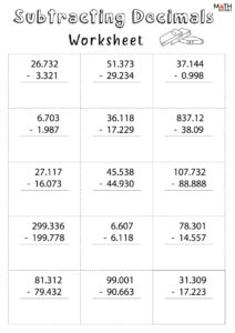 Subtracting Decimals Worksheets Math Monks