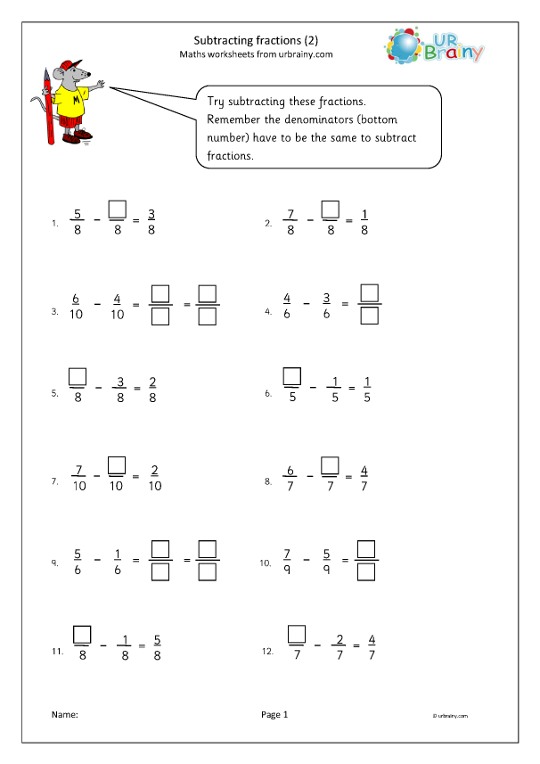 Subtracting Fractions 2 Fraction Worksheets For Year 3 age 7 8 By 