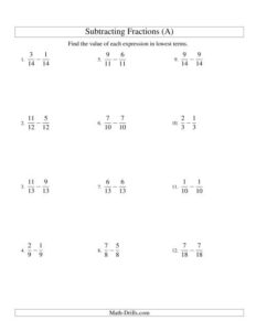 Subtracting Fractions With Like Denominators A