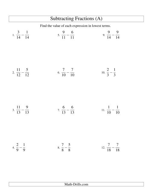 Subtracting Fractions With Like Denominators A 