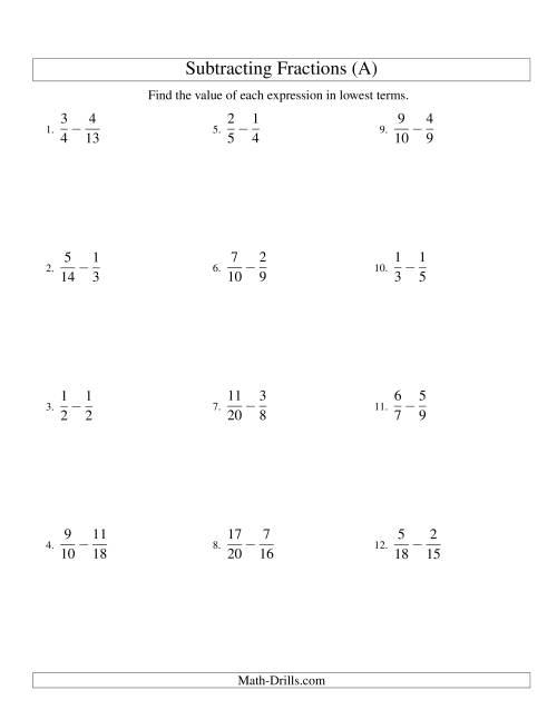 Subtracting Fractions With Unlike Denominators A