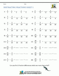 Subtracting Fractions Worksheets