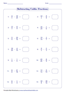 Subtracting Fractions Worksheets