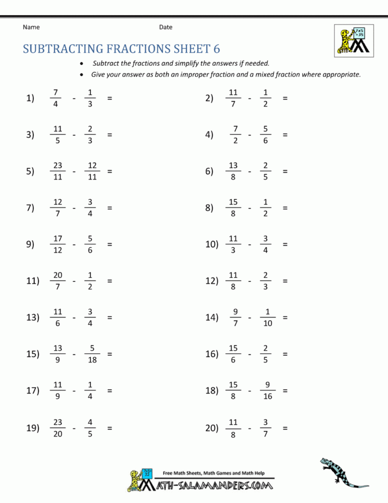 Subtracting Fractions Worksheets