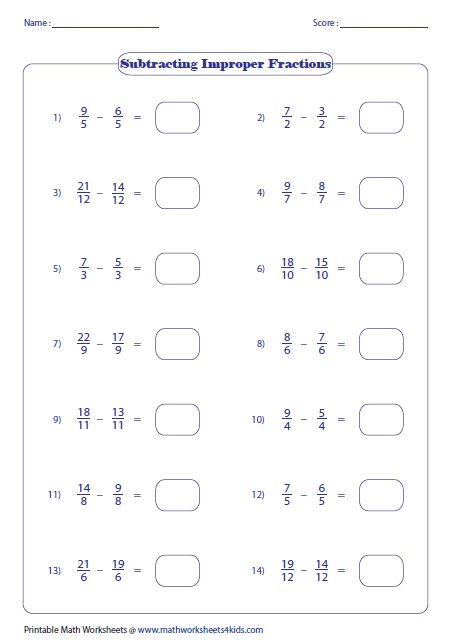 Subtracting Fractions Worksheets Adding Fractions Adding Improper 