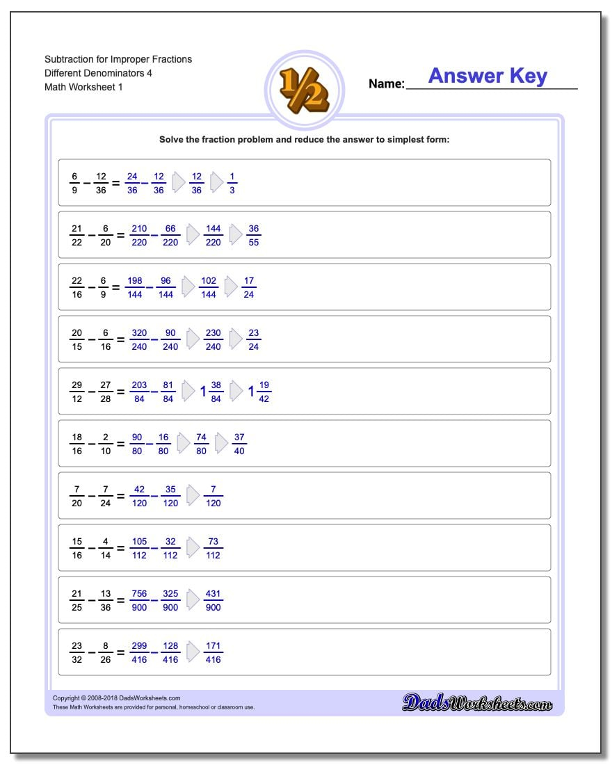 Subtracting Improper Fractions With Unlike Denominators