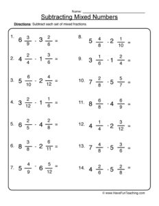 Subtracting Mixed Numbers Worksheet 2