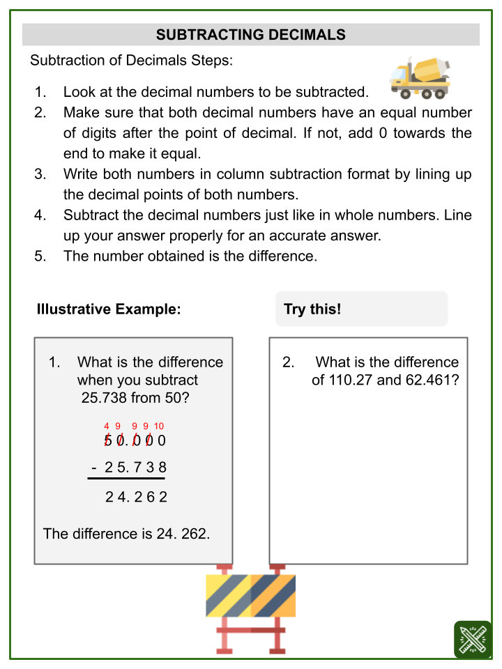 Subtraction Of Decimals Themed Math Worksheets Aged 8 10